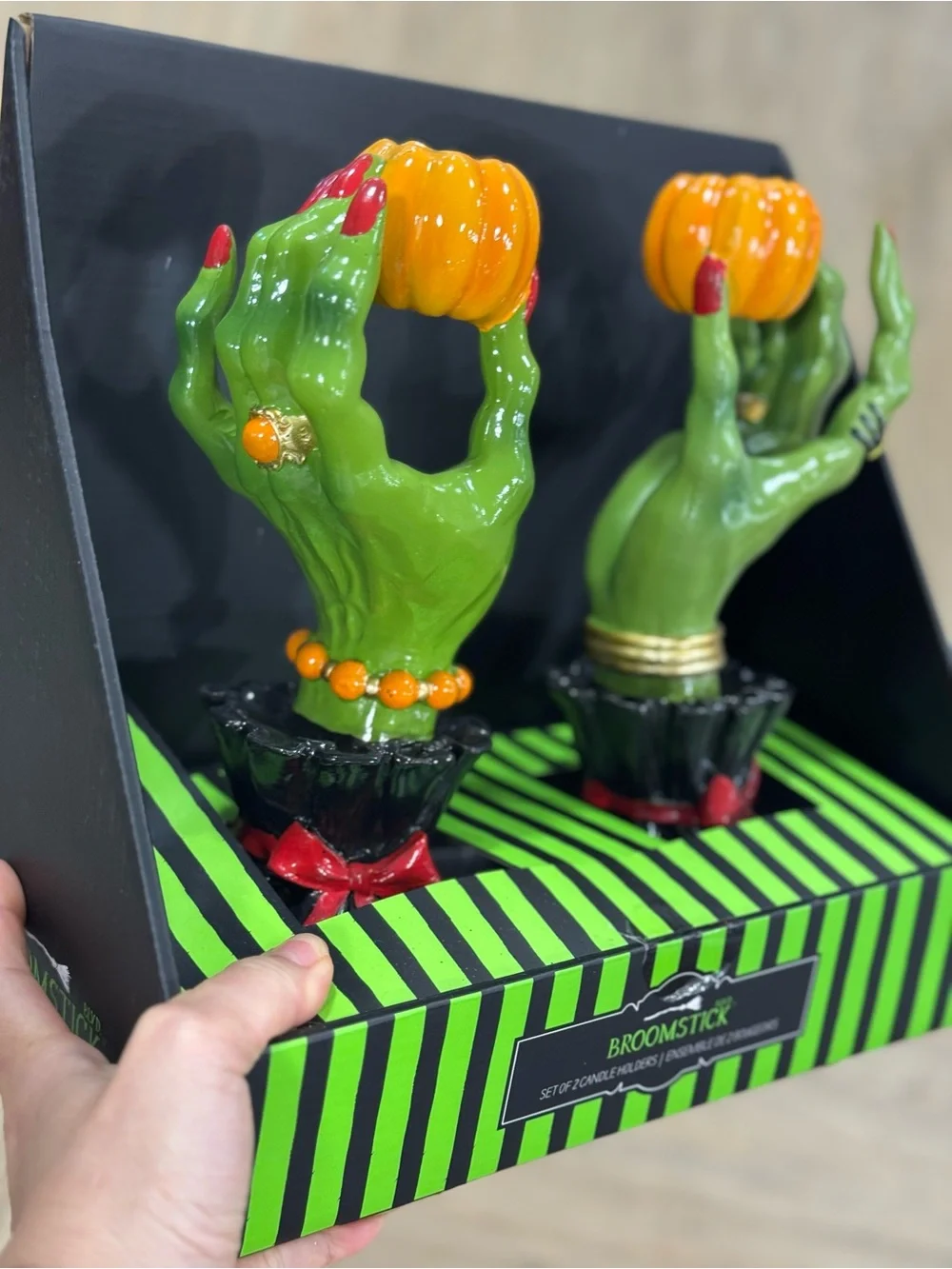 Broomstick Green Witch Hand Pumpkin Candle Holder - Broomstick